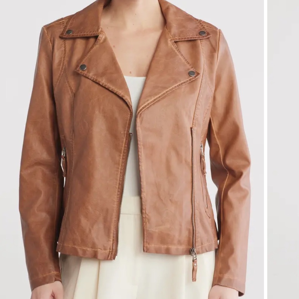 NWT Max Studio Women's Faux Leather Moto Brown Jacket Large